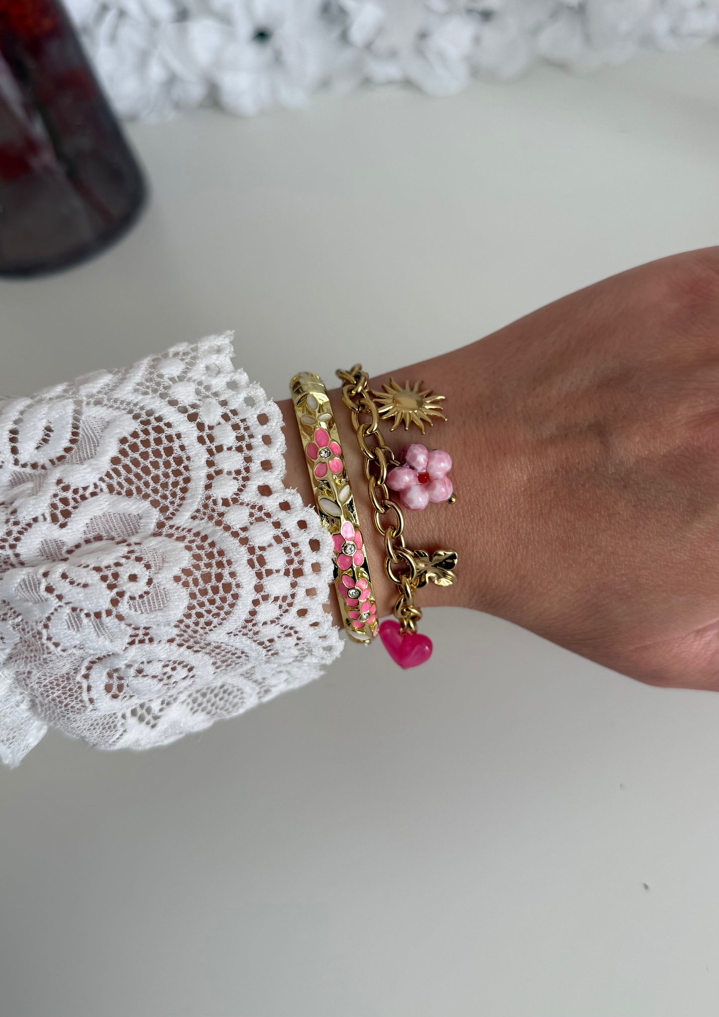 Duo Bracelet Bloom fushia - Jonc Summer rose et blanc