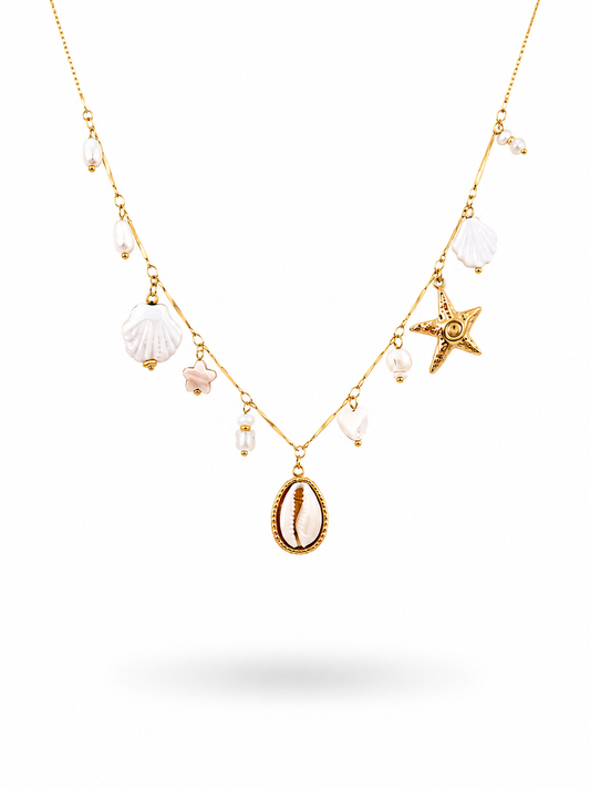 Collier maldives acier inoxydable doré breloques été coquillage étoile de mer perles d'eau douce
