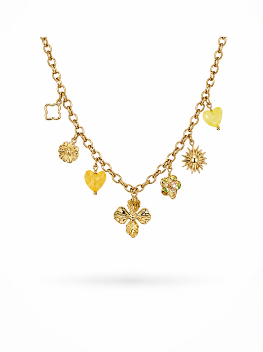 Collier bloom jaune acier inoxydable doré breloques coeur fleur jaune