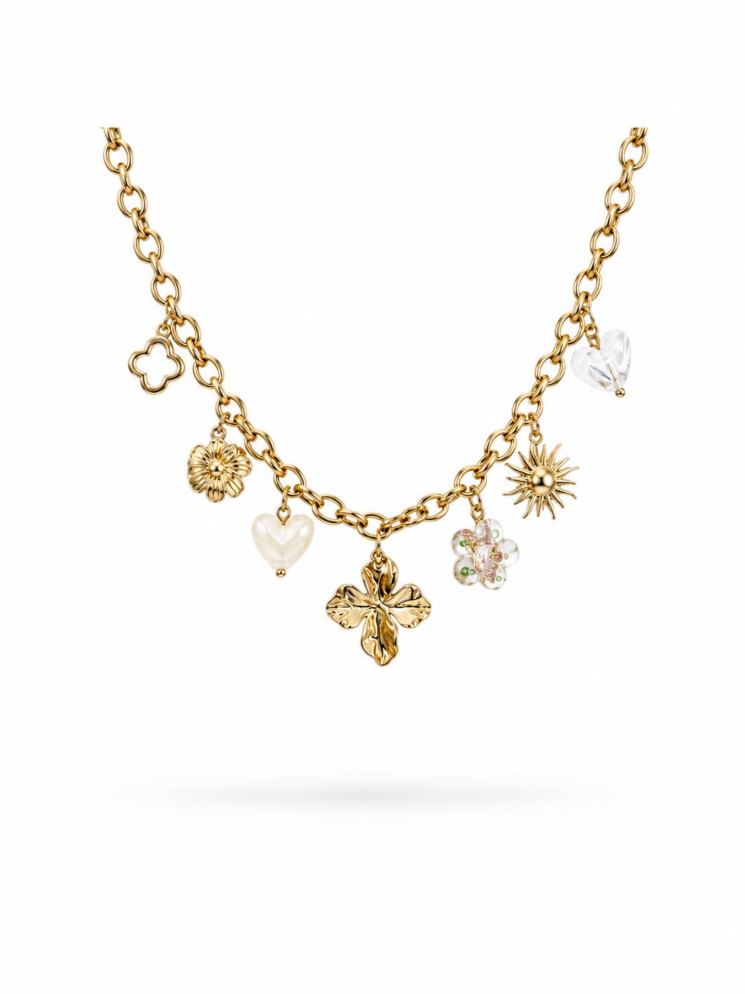 Collier bloom blanc acier inoxydable doré breloques coeur fleur blanche