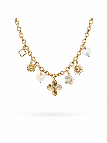 Collier bloom blanc acier inoxydable doré breloques coeur fleur blanche