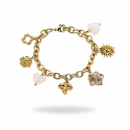 bracelet bloom blanc acier inoxydable doré breloques coeur fleur blanche