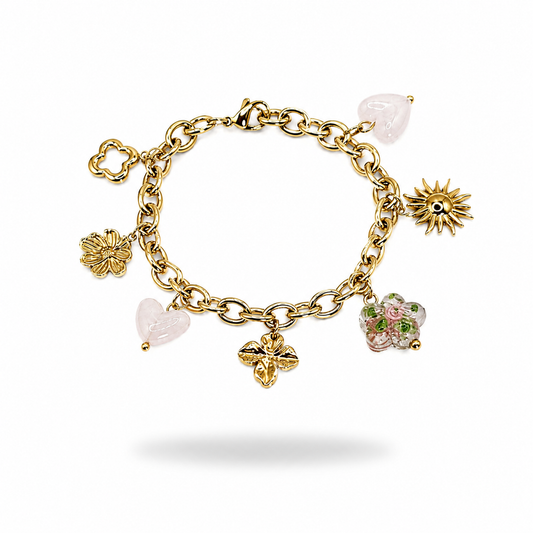 bracelet bloom blanc acier inoxydable doré breloques coeur fleur blanche