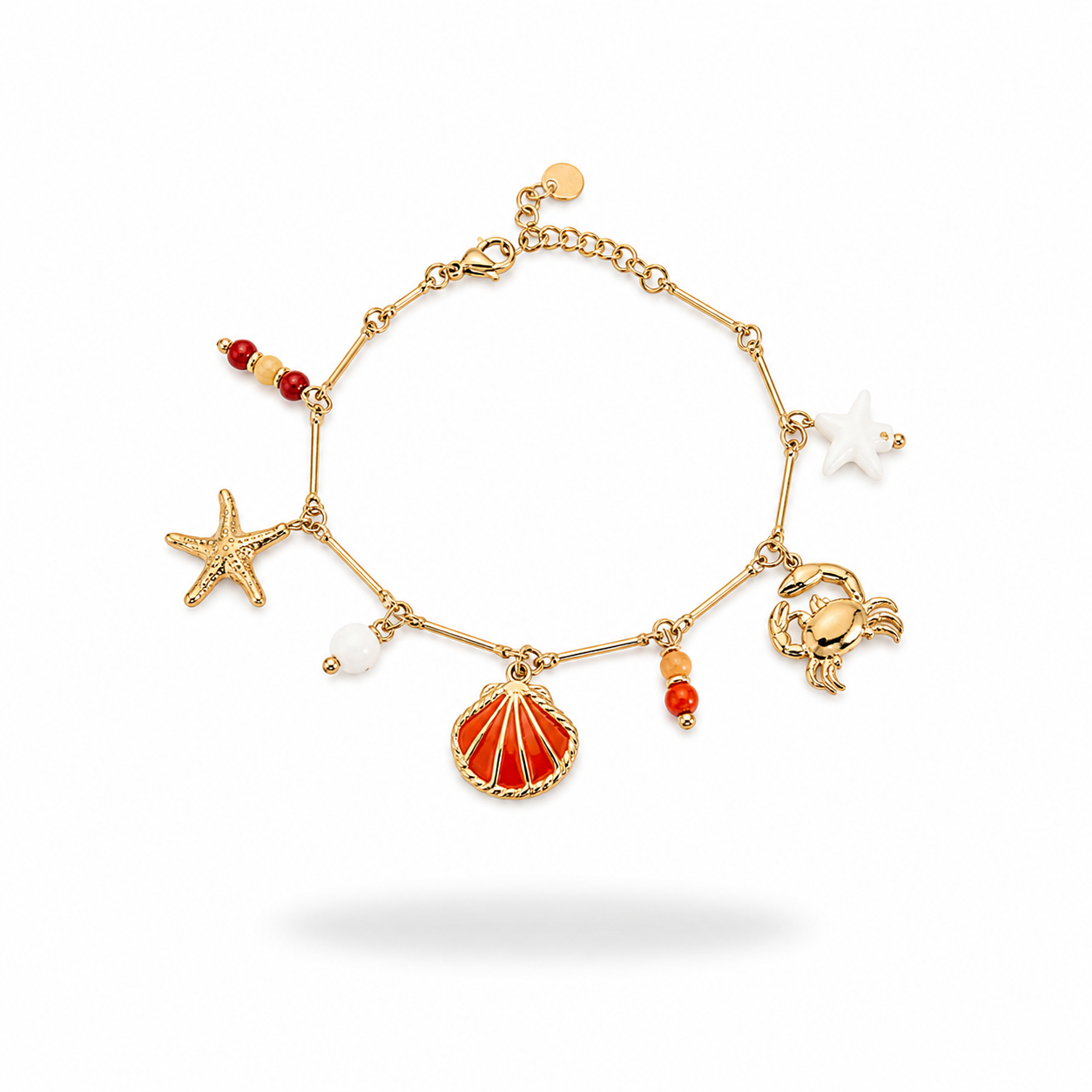 Bracelet Cypra orange acier inoxydable doré breloques été coquillage étoile de mer crabe