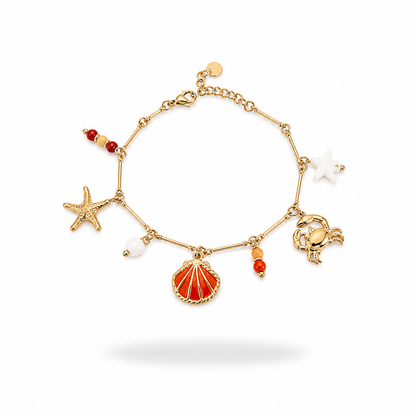 Bracelet Cypra orange acier inoxydable doré breloques été coquillage étoile de mer crabe