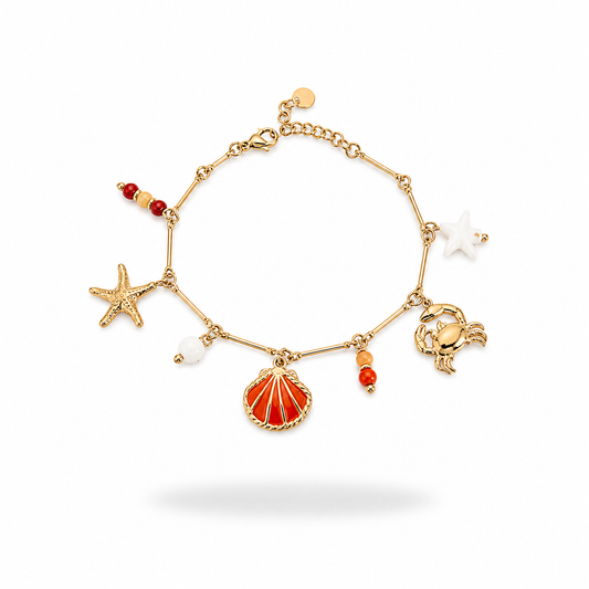 Bracelet Cypra orange acier inoxydable doré breloques été coquillage étoile de mer crabe