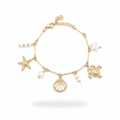 Bracelet Cypra blanc acier inoxydable doré breloques été coquillage étoile de mer crabe