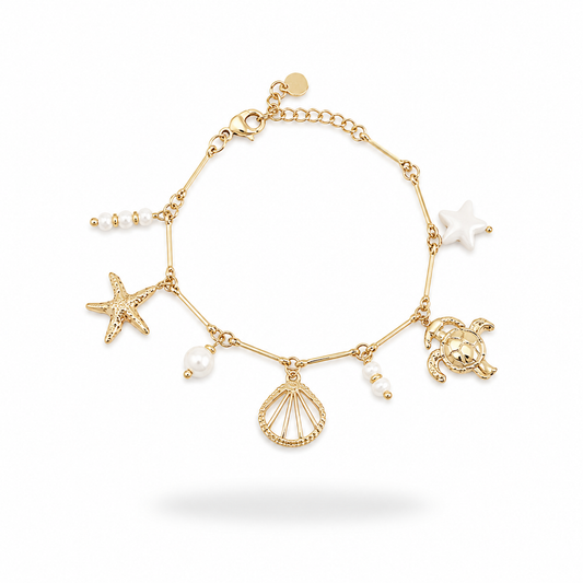 Bracelet Cypra blanc acier inoxydable doré breloques été coquillage étoile de mer crabe